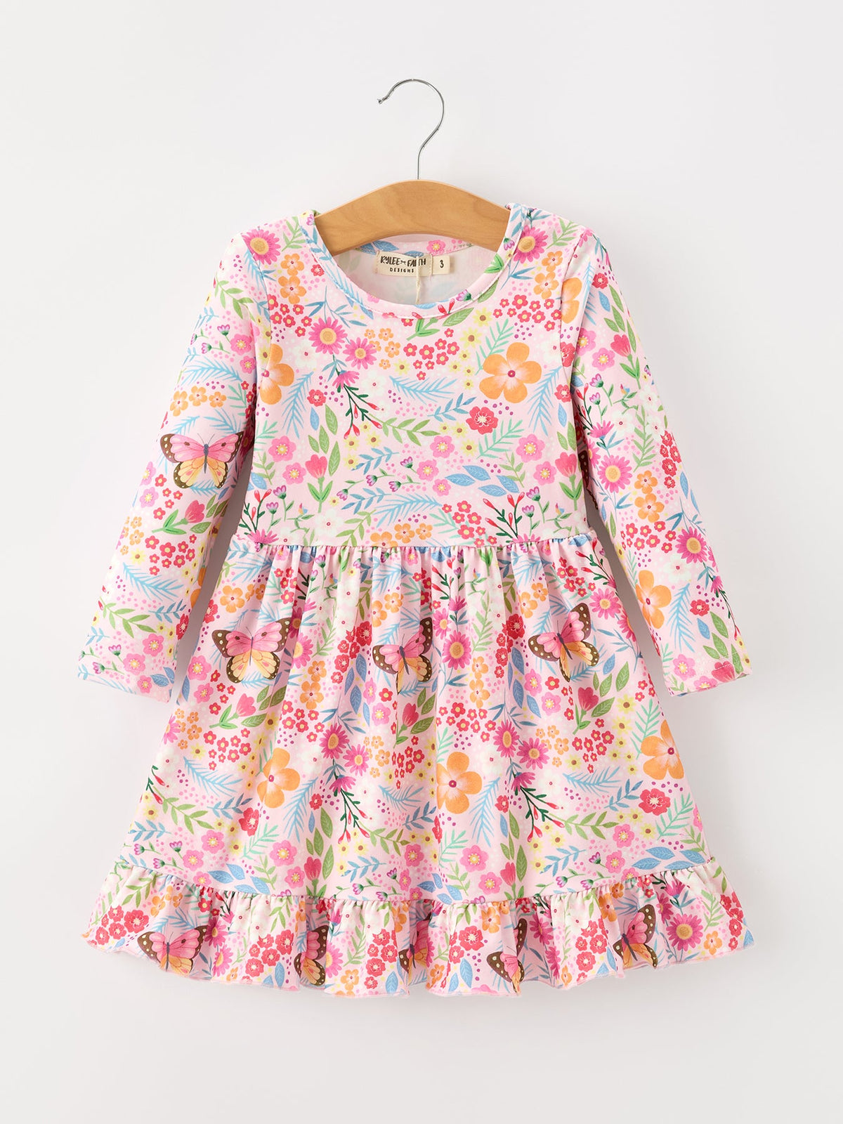 Fall Butterfly Floral Print Girls Ruffle Hem Twirl Dress - Rylee Faith Designs - Flyclothing LLC
