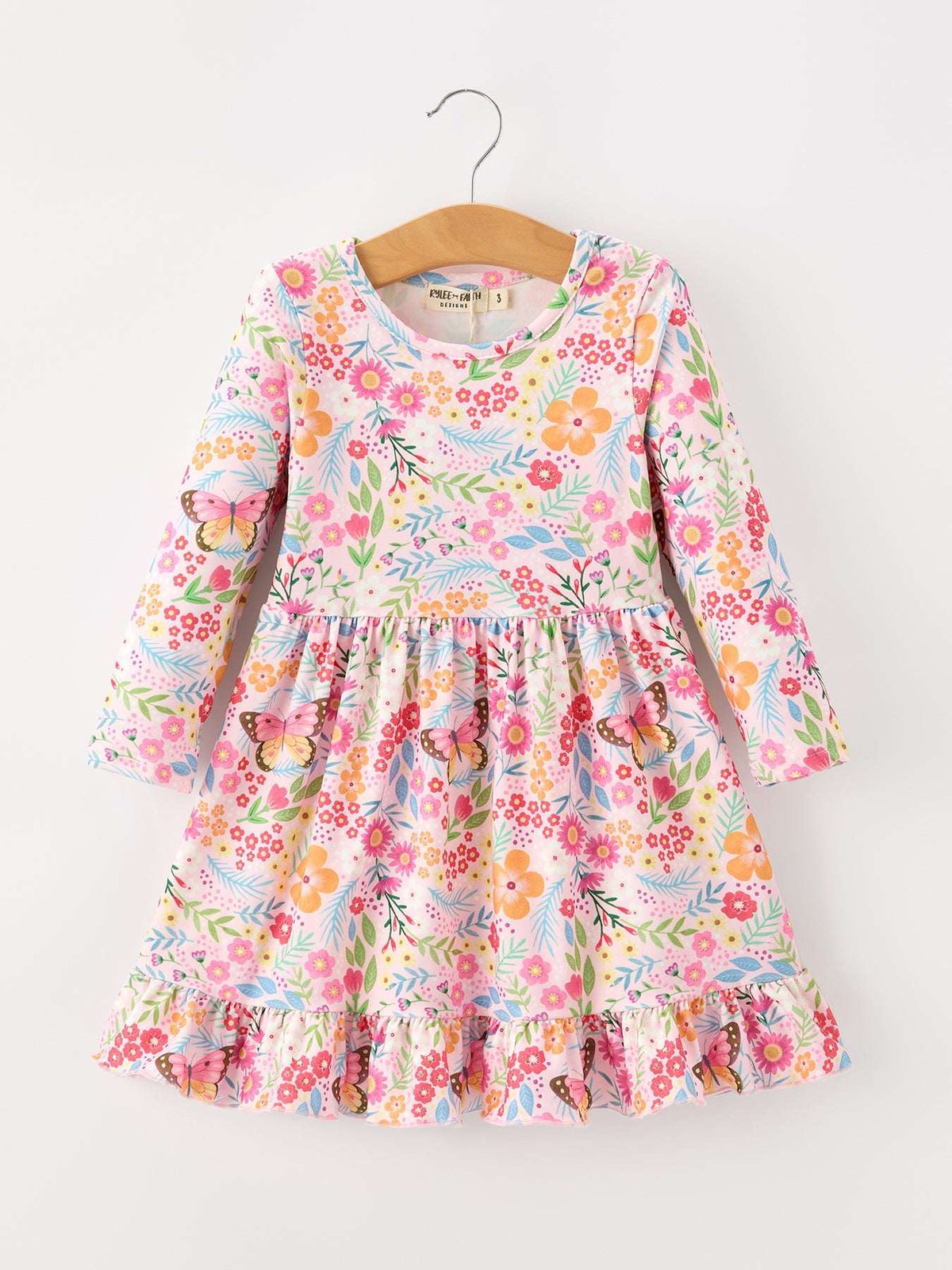 Fall Butterfly Floral Print Girls Ruffle Hem Twirl Dress - Rylee Faith Designs - Flyclothing LLC