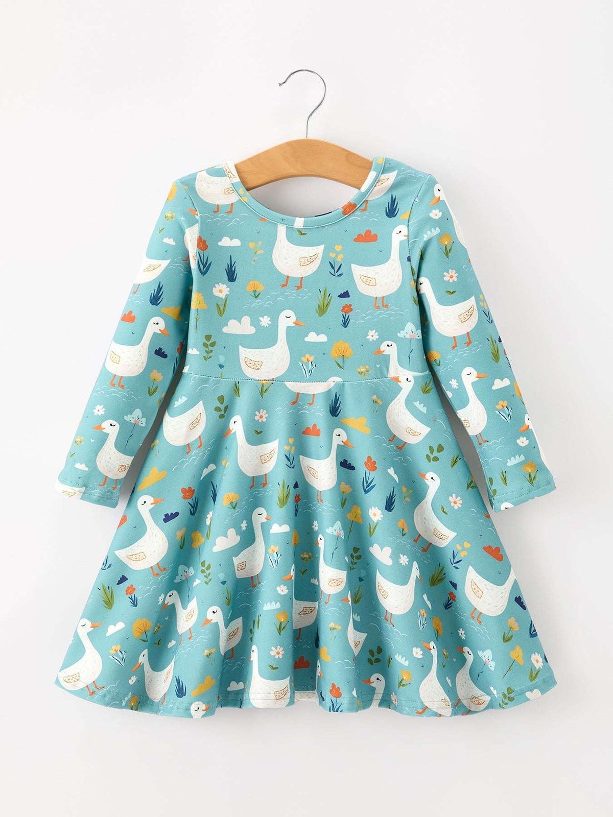 Fall Goose Print Girls Long Sleeve Twirl Dress