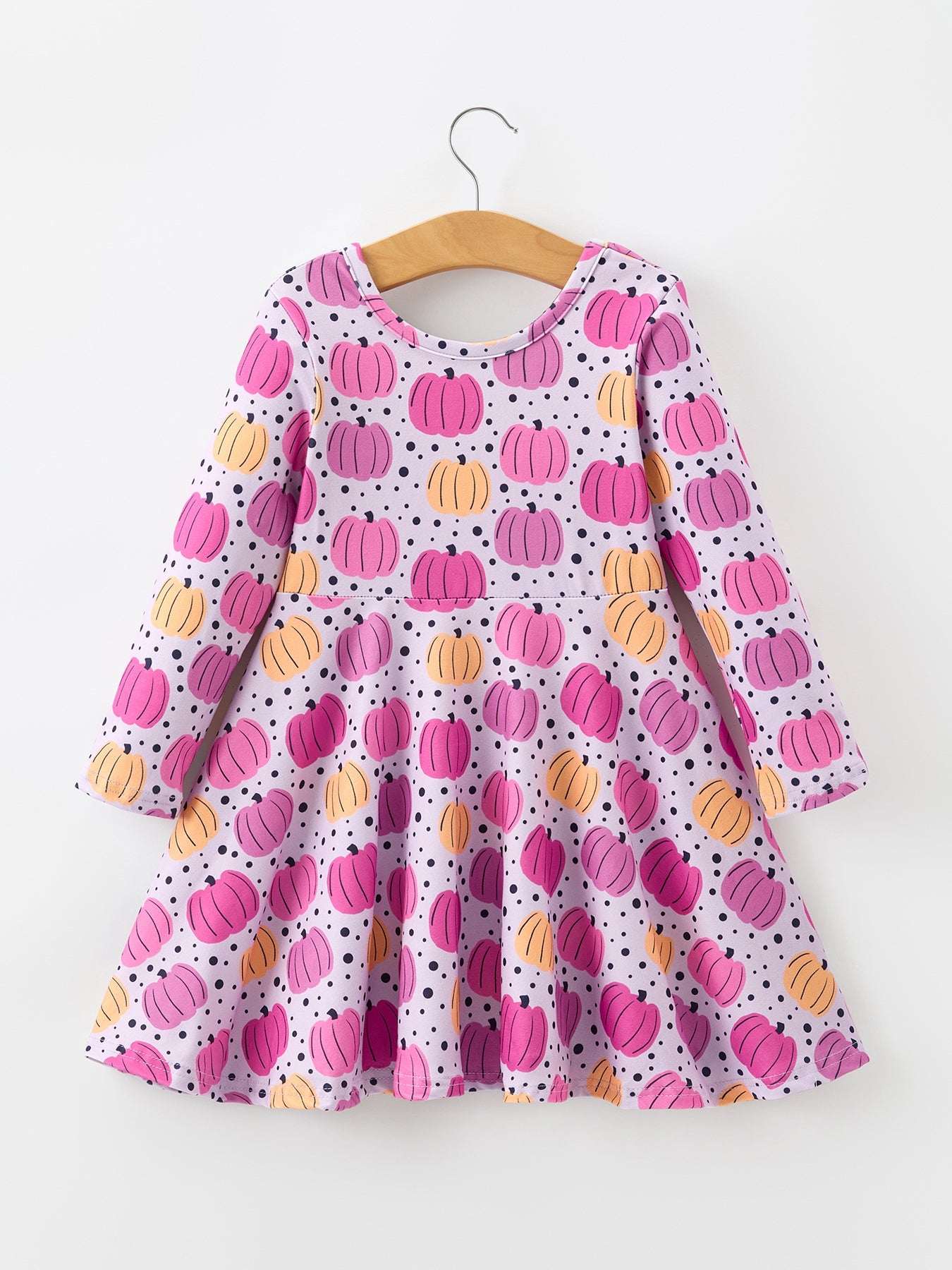 Halloween Pumpkin Print Girls Long Sleeve Twirl Dress
