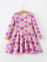 Halloween Pumpkin Print Girls Long Sleeve Twirl Dress