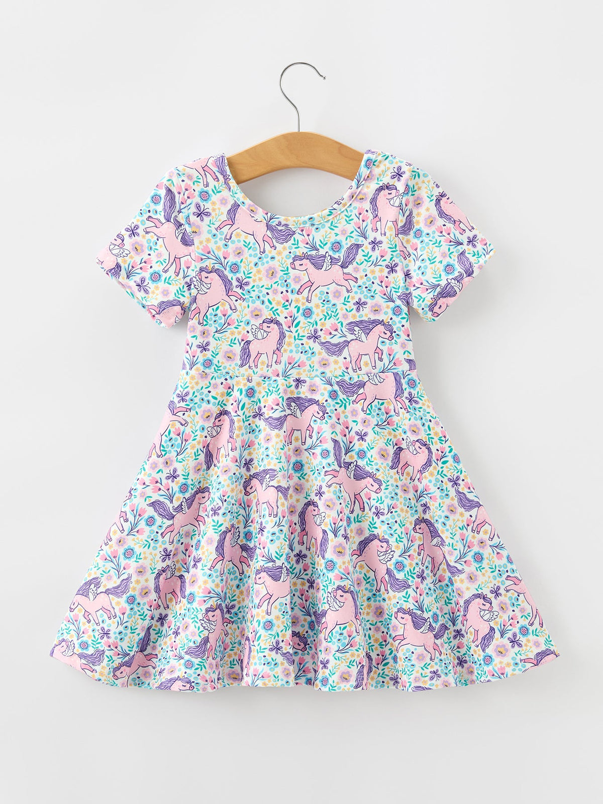 Unicorn Floral Print Girls Short Sleeve Twirl Dress - Rylee Faith Designs - Flyclothing LLC