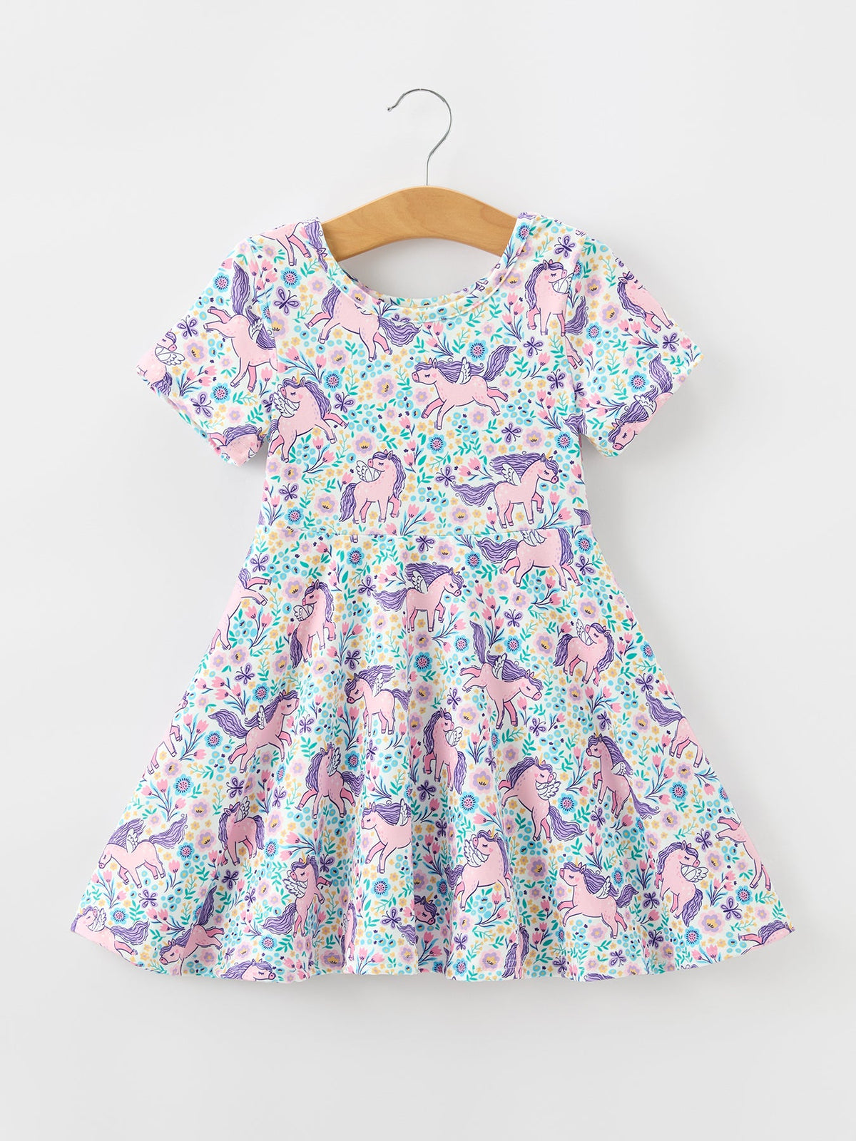 Unicorn Floral Print Girls Short Sleeve Twirl Dress - Rylee Faith Designs - Flyclothing LLC