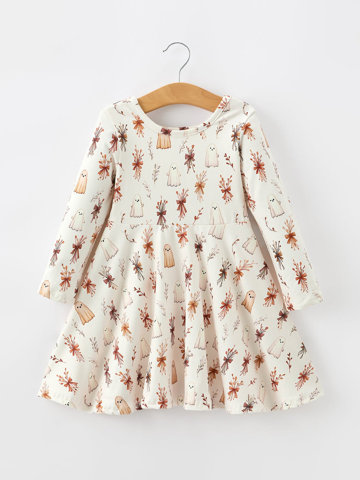 Halloween Ghost Floral Bow Girls Long Sleeve Twirl Dress - Rylee Faith Designs - Flyclothing LLC