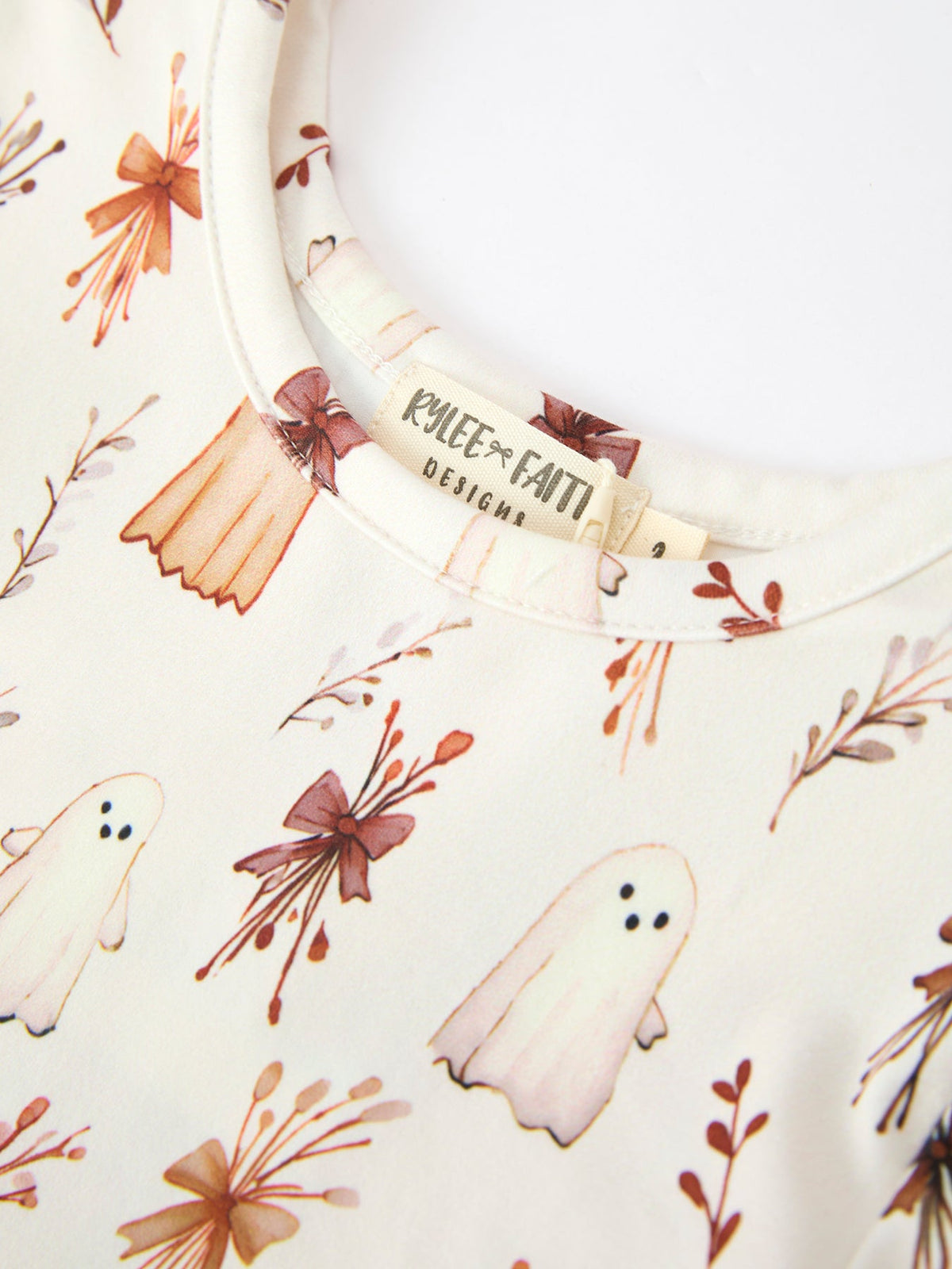Halloween Ghost Floral Bow Girls Long Sleeve Twirl Dress - Rylee Faith Designs - Flyclothing LLC