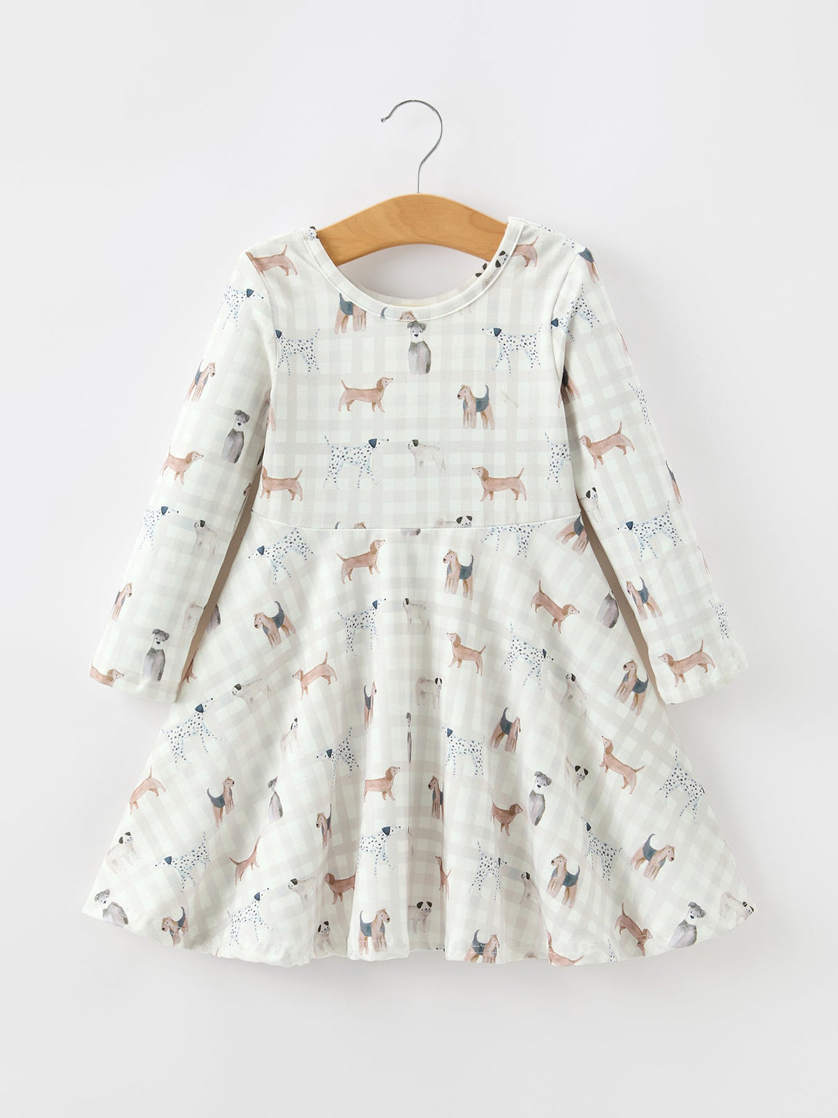 Fall Plaid Dog Print Girls Long Sleeve Twirl Dress - Rylee Faith Designs - Flyclothing LLC