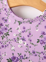 Fall Lavender Floral Print Girls Long Sleeve Twirl Dress
