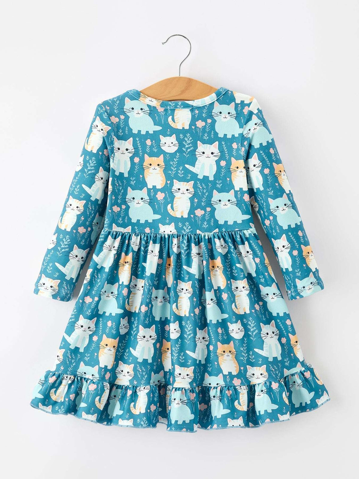 Fall Cat Print Girls Long Sleeve Ruffle Hem Dress