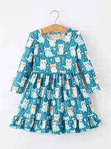Fall Cat Print Girls Long Sleeve Ruffle Hem Dress