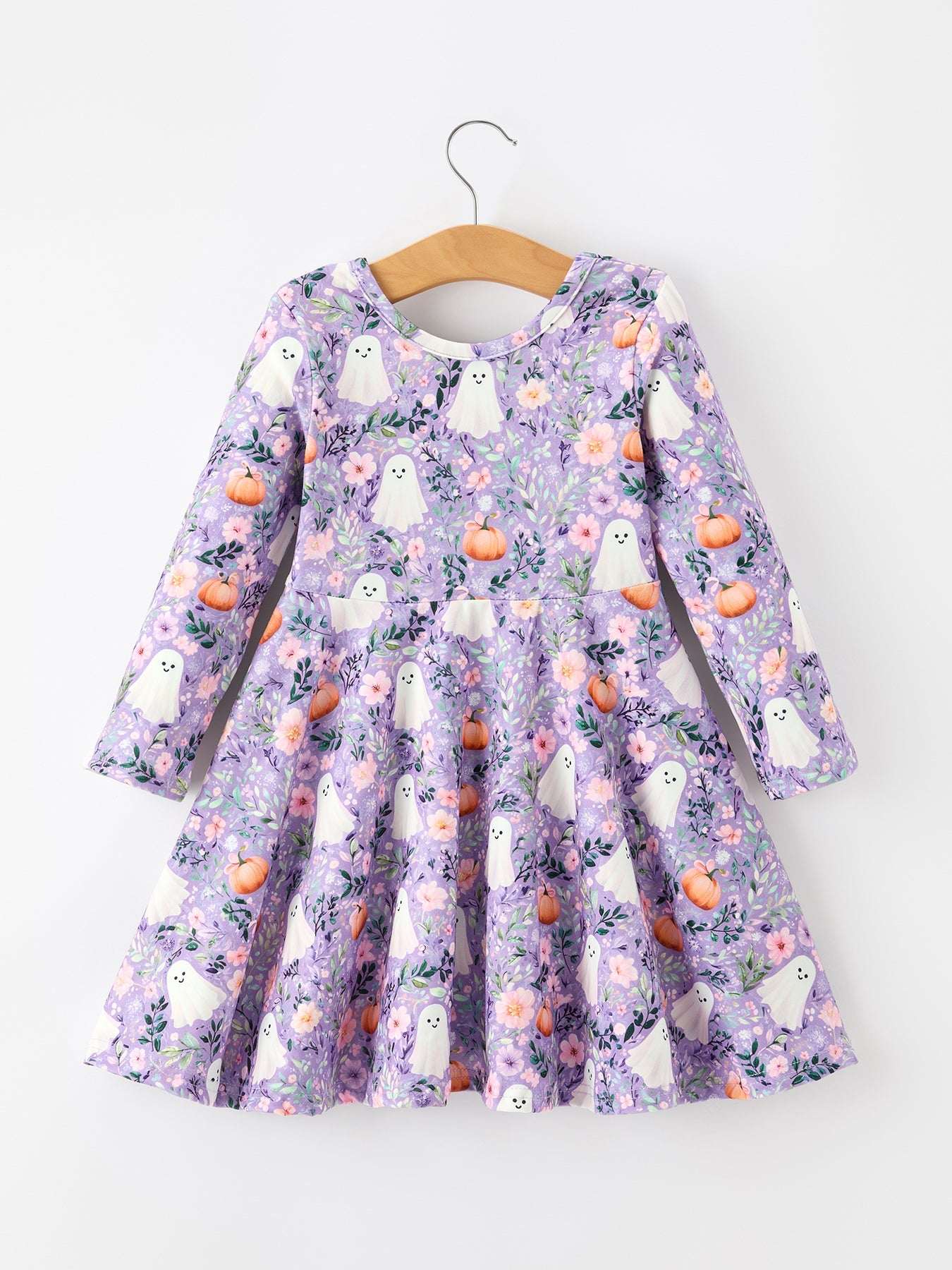 Halloween Ghost Pumpkin Girls Long Sleeve Twirl Dress