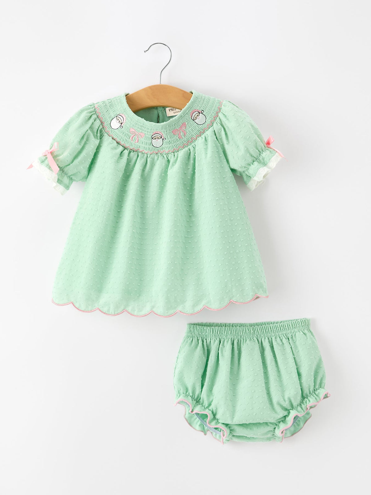 Christmas Mint Green Smocked Santa Baby Girl Bloomer Set - Rylee Faith Designs - Flyclothing LLC