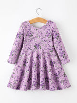 Fall Lavender Floral Print Girls Long Sleeve Twirl Dress