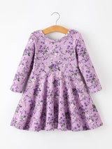 Fall Lavender Floral Print Girls Long Sleeve Twirl Dress