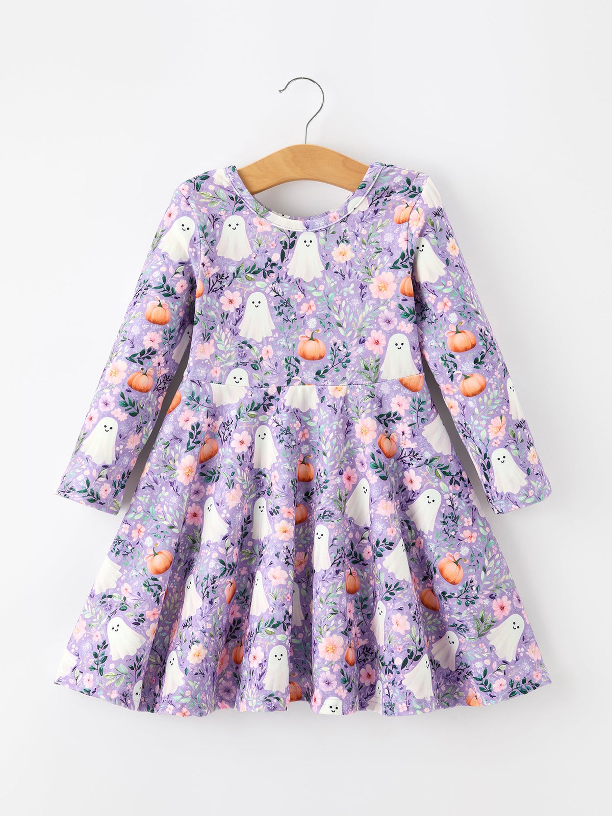 Halloween Ghost Pumpkin Girls Long Sleeve Twirl Dress - Rylee Faith Designs - Flyclothing LLC