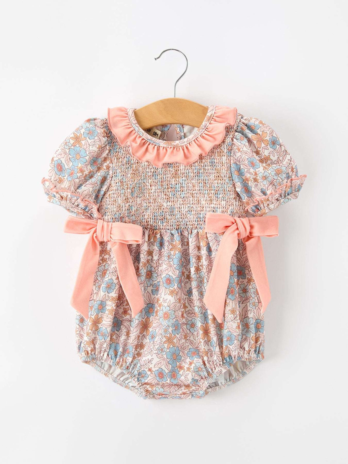Fall Floral Baby Romper Smocked Ruffle Neck Bow - Rylee Faith Designs - Flyclothing LLC