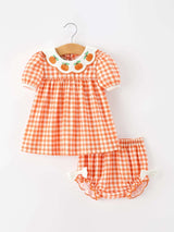 Thanksgiving Halloween Pumpkin Puff Sleeve Girls Bloomer Set