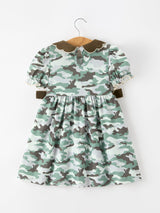 Fall Camo Bow Girls Puff Sleeve Twirl Dress