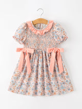 Fall Floral Girls Dress Smocked Ruffle Neck Bow