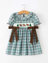 Plaid Moose Smocked Girls Puff Sleeve Dress - Rylee Faith Designs - Flyclothing LLC