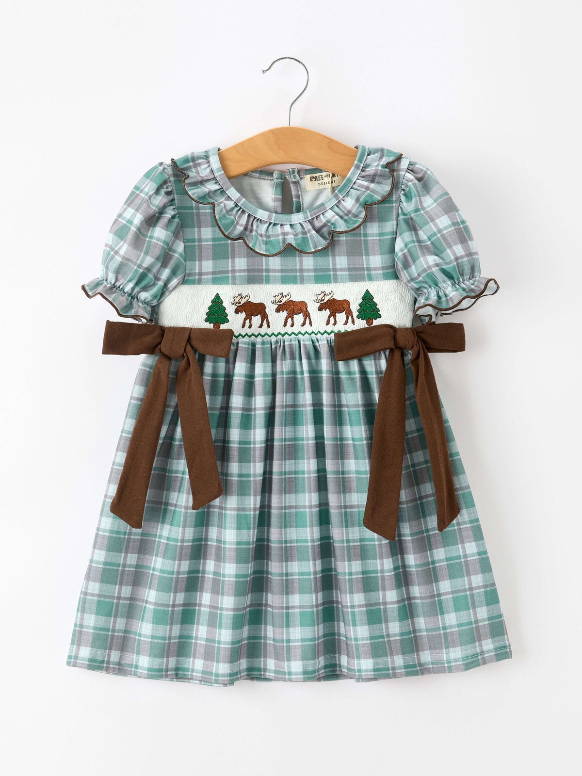 Plaid Moose Smocked Girls Puff Sleeve Dress - Rylee Faith Designs - Flyclothing LLC