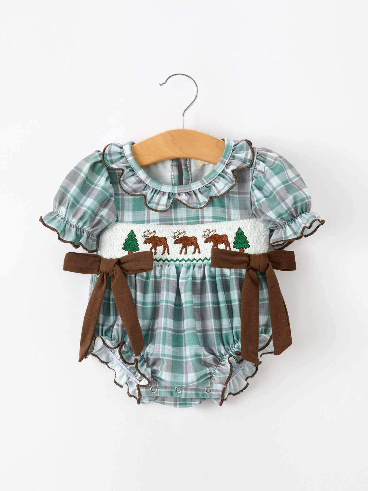 Plaid Moose Smocked Baby Girl Bubble Romper - Rylee Faith Designs - Flyclothing LLC