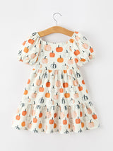 Fall Pumpkin Puff Sleeve Girls Dress - Rylee Faith Designs - Flyclothing LLC