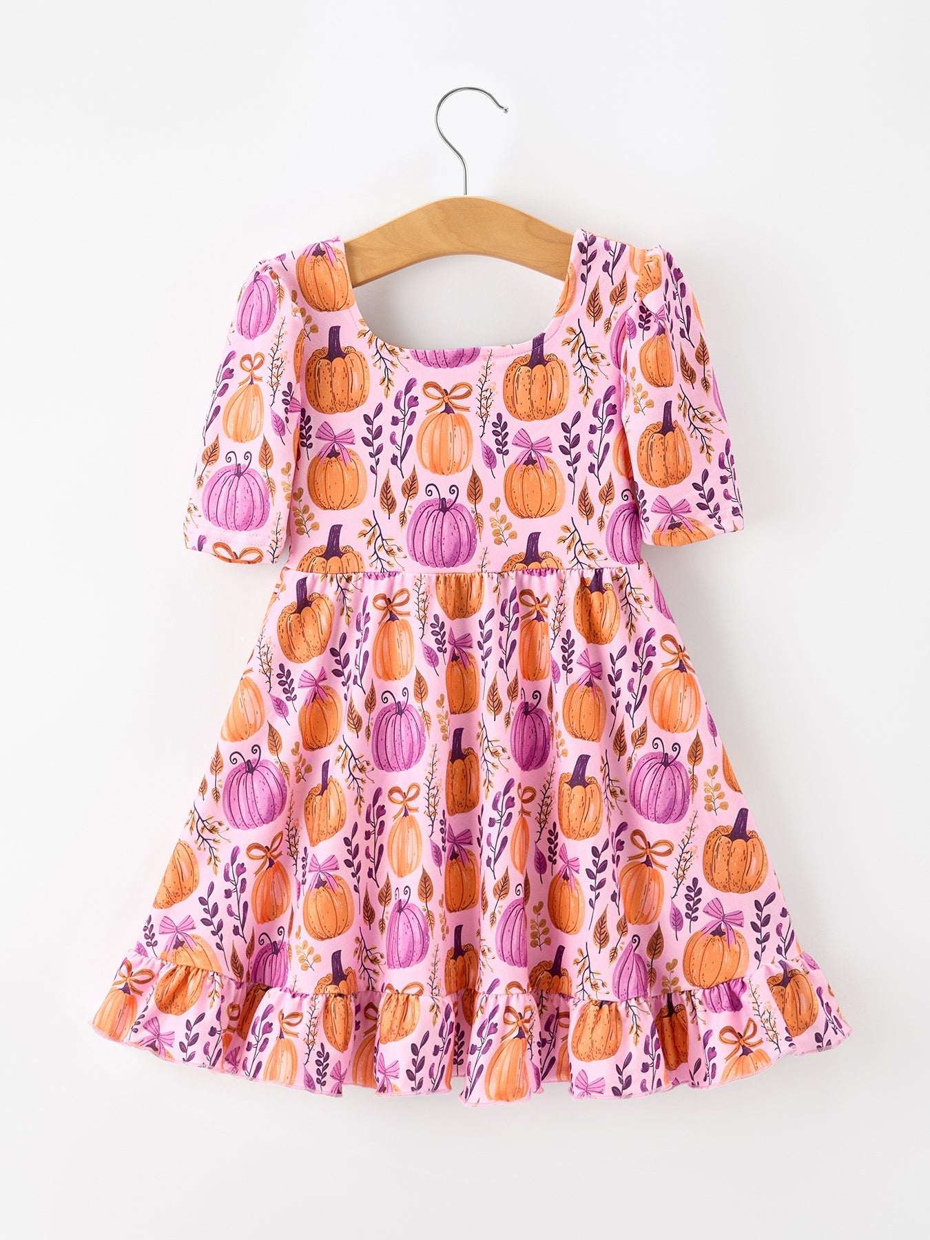Thanksgiving Halloween Pumpkin Bow Ruffled Girls Dress