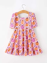 Thanksgiving Halloween Pumpkin Bow Ruffled Girls Dress
