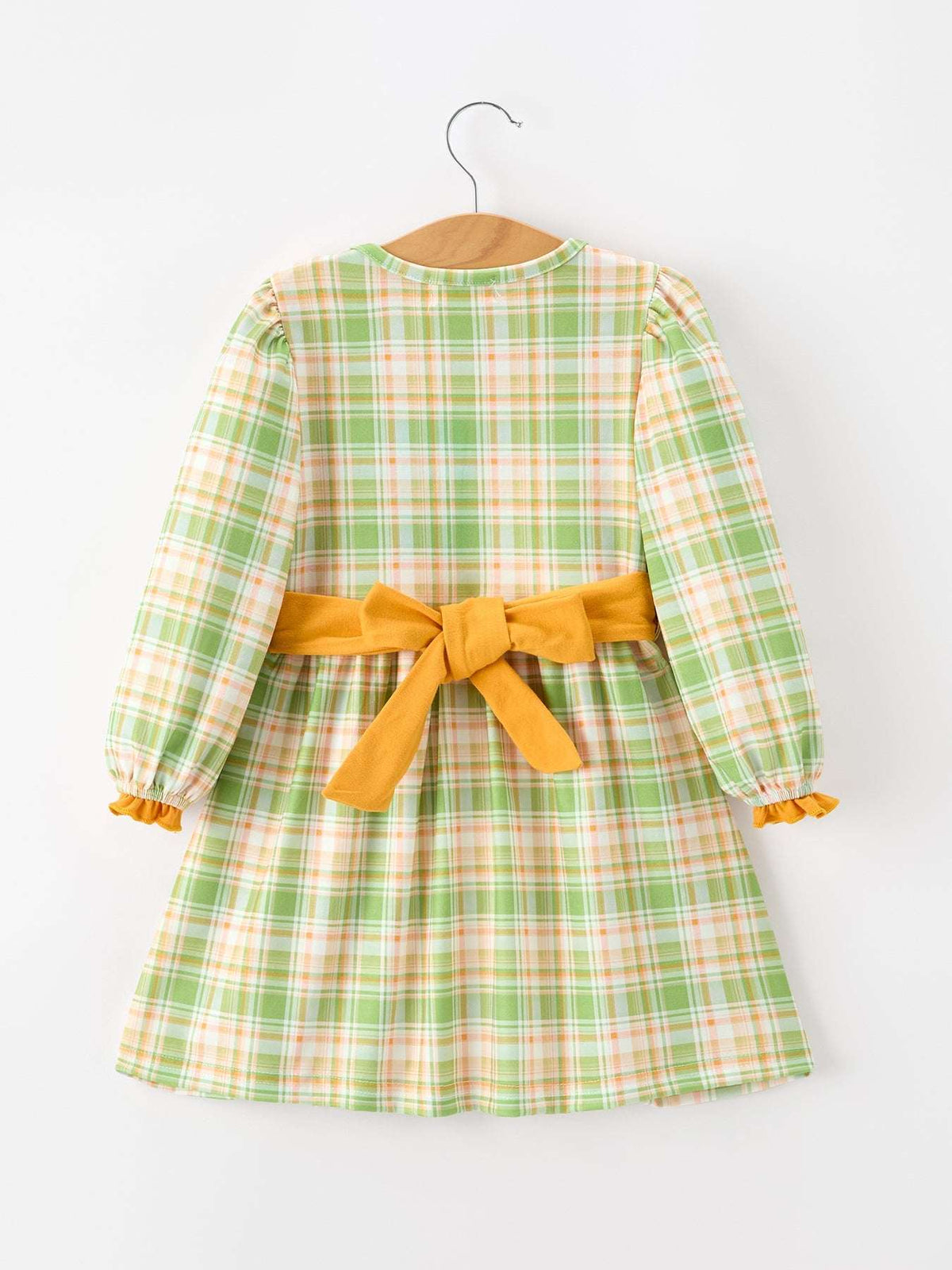 Thanksgiving Turkey Applique Plaid Girls Long Sleeve Dress