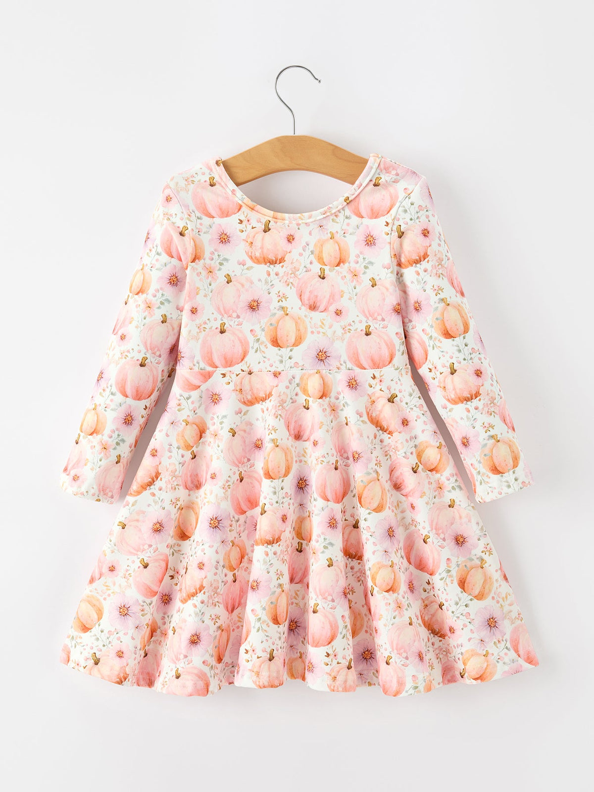 Fall Pink Pumpkin Girls Long Sleeve Twirl Dress - Rylee Faith Designs - Flyclothing LLC