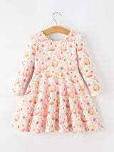 Fall Pink Pumpkin Girls Long Sleeve Twirl Dress - Rylee Faith Designs - Flyclothing LLC