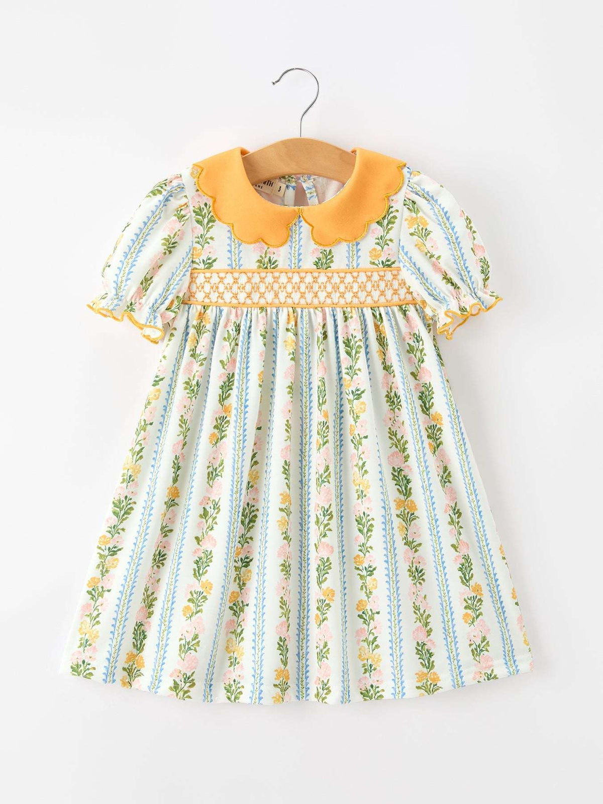 Fall Smocked Floral & Stripe Baby Girl Dress with Scallop Collar
