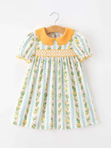 Fall Smocked Floral & Stripe Baby Girl Dress with Scallop Collar