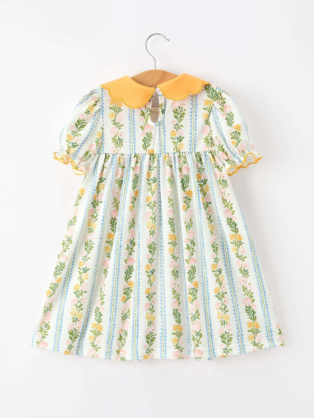 Fall Smocked Floral & Stripe Baby Girl Dress with Scallop Collar