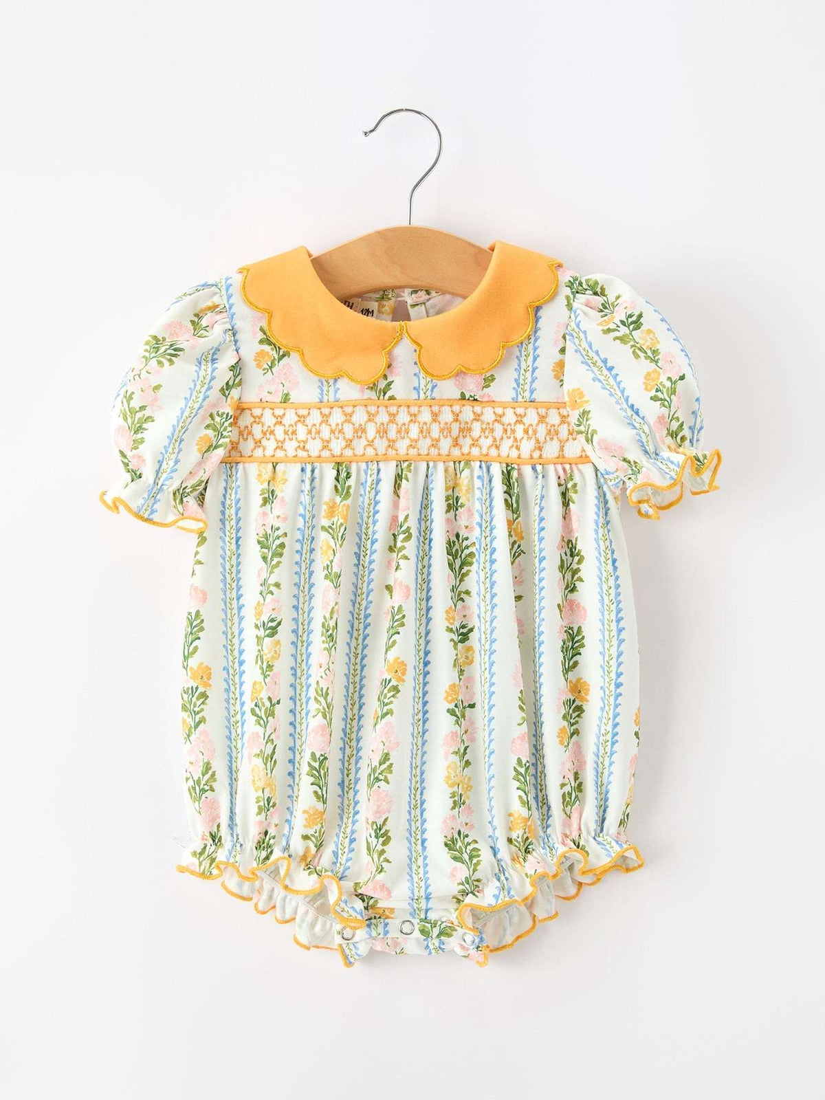 Fall Smocked Floral & Stripe Baby Girl Romper with Scallop Collar