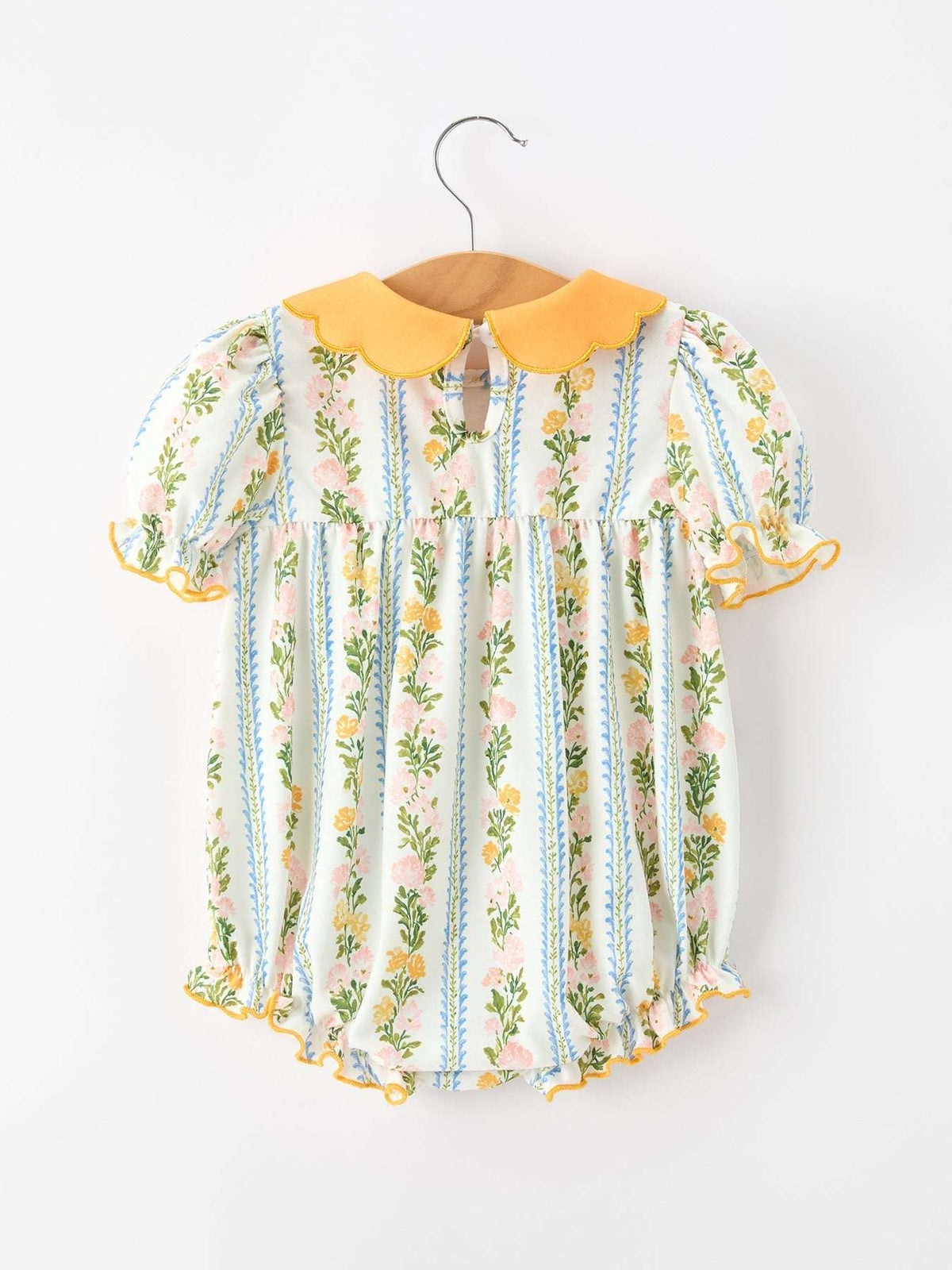 Fall Smocked Floral & Stripe Baby Girl Romper with Scallop Collar