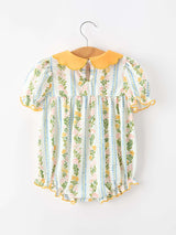Fall Smocked Floral & Stripe Baby Girl Romper with Scallop Collar
