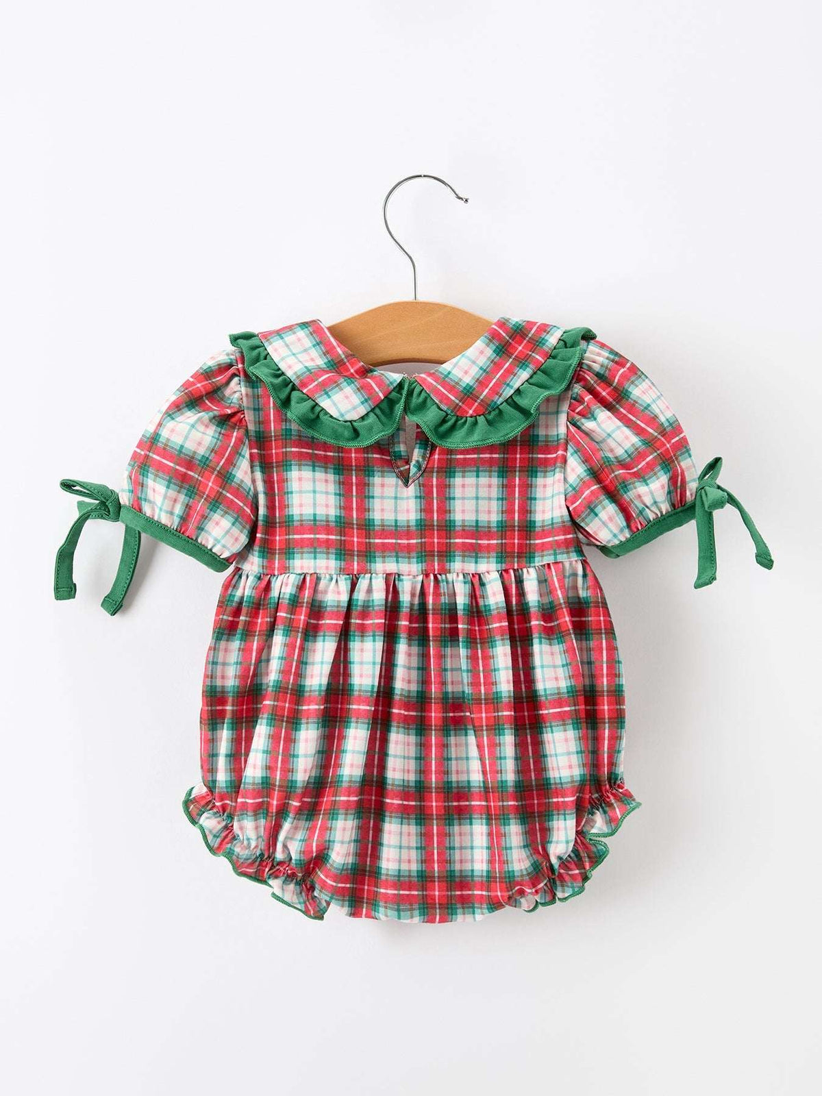 Christmas Tree Plaid Girls Romper Petals Collar Ruffle