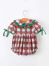 Christmas Tree Plaid Girls Romper Petals Collar Ruffle