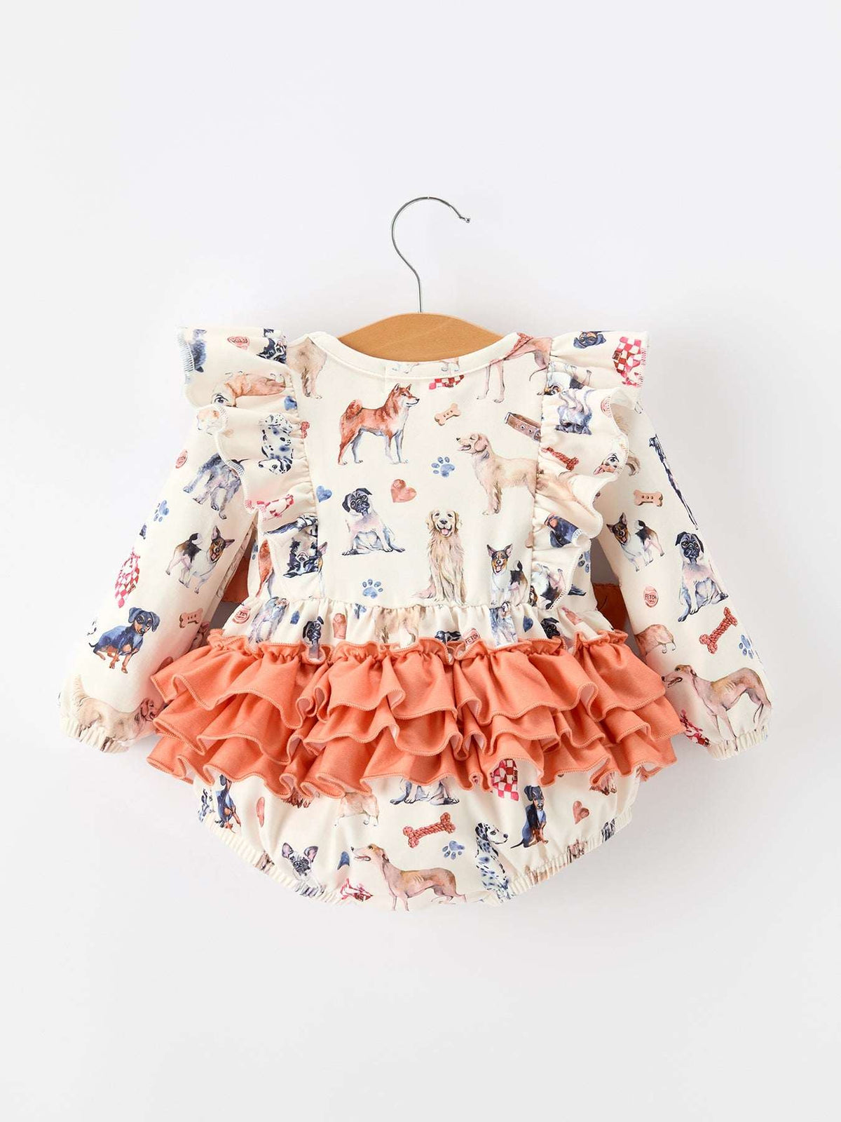 Fall Dog Print Girls Long Sleeve Ruffle Bow Romper - Rylee Faith Designs - Flyclothing LLC