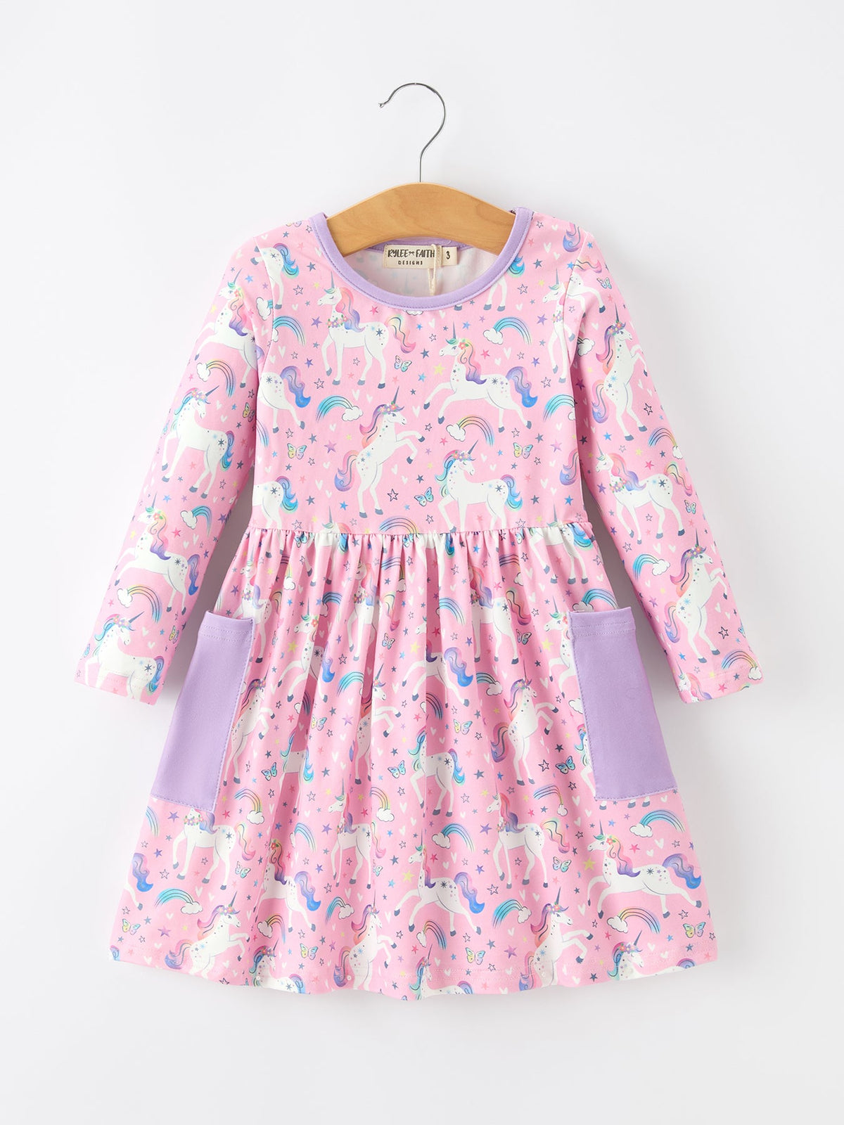 Pink Unicorn Girls Pocket Dress Rainbow Star Print - Rylee Faith Designs - Flyclothing LLC