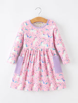 Pink Unicorn Girls Pocket Dress Rainbow Star Print - Rylee Faith Designs - Flyclothing LLC