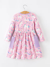 Pink Unicorn Girls Pocket Dress Rainbow Star Print - Rylee Faith Designs - Flyclothing LLC
