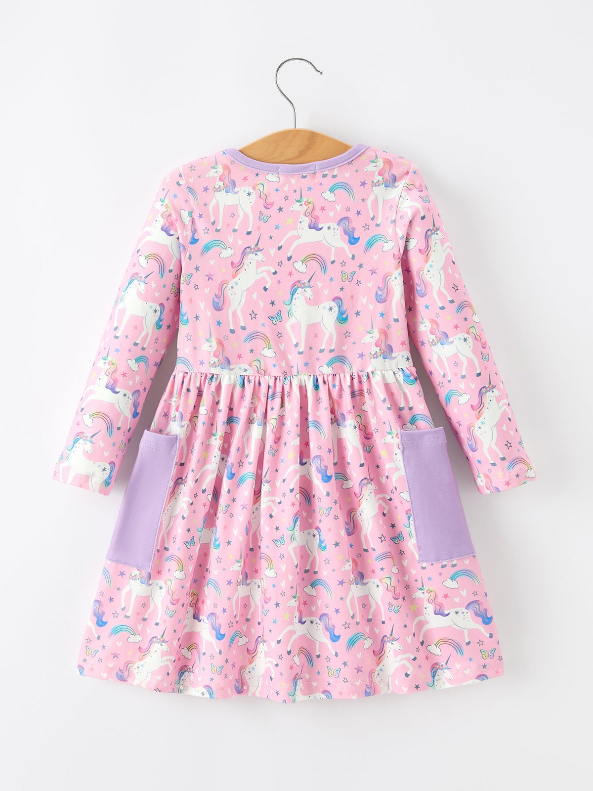 Pink Unicorn Girls Pocket Dress Rainbow Star Print - Rylee Faith Designs - Flyclothing LLC