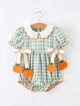 Fall Plaid Baby Girl Romper Pumpkin Bow Peter Pan Collar - Rylee Faith Designs - Flyclothing LLC