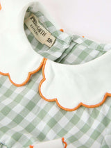 Fall Plaid Baby Girl Romper Pumpkin Bow Peter Pan Collar - Rylee Faith Designs - Flyclothing LLC
