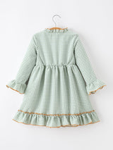 Fall Plaid Girls Dress Pumpkin Applique Ruffle Button Dress