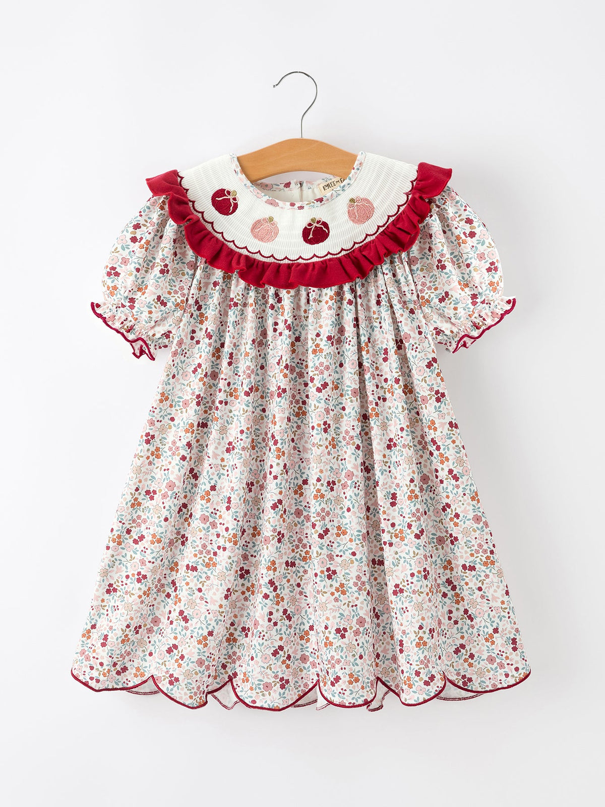 Fall Pumpkin Embroidery Girls Dress Floral Ruffle Collar Dress - Rylee Faith Designs - Flyclothing LLC