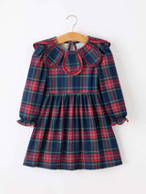 Fall Plaid Girl Dress Petal Collar Puff Sleeve Long Sleeve - Rylee Faith Designs - Flyclothing LLC