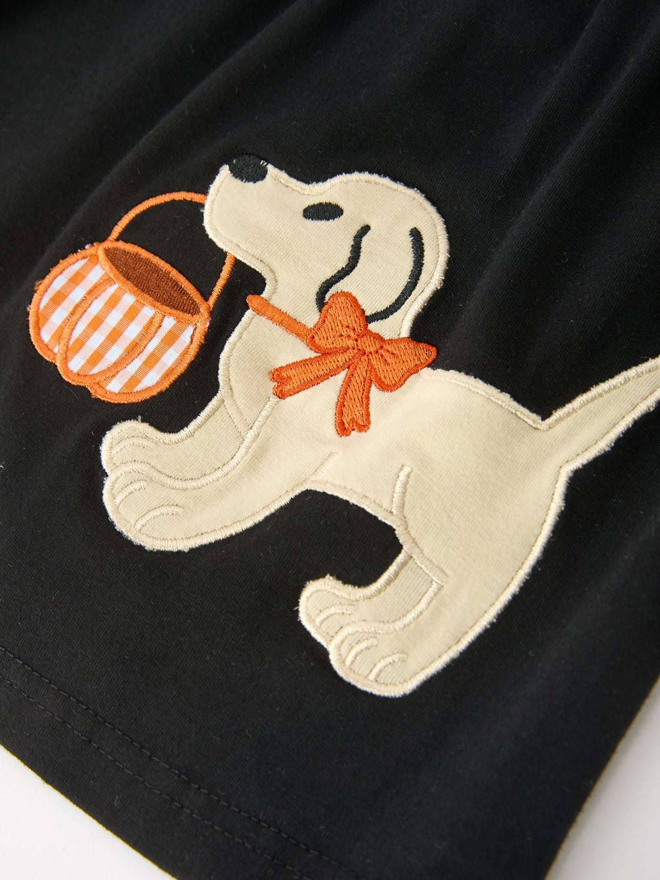 Girls Halloween Dog Pumpkin Applique Dress Puff Sleeve